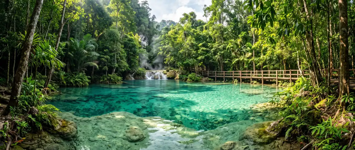 Turquoise Emerald Pool surrounded by rainforest in Khlong Thom, Krabi
