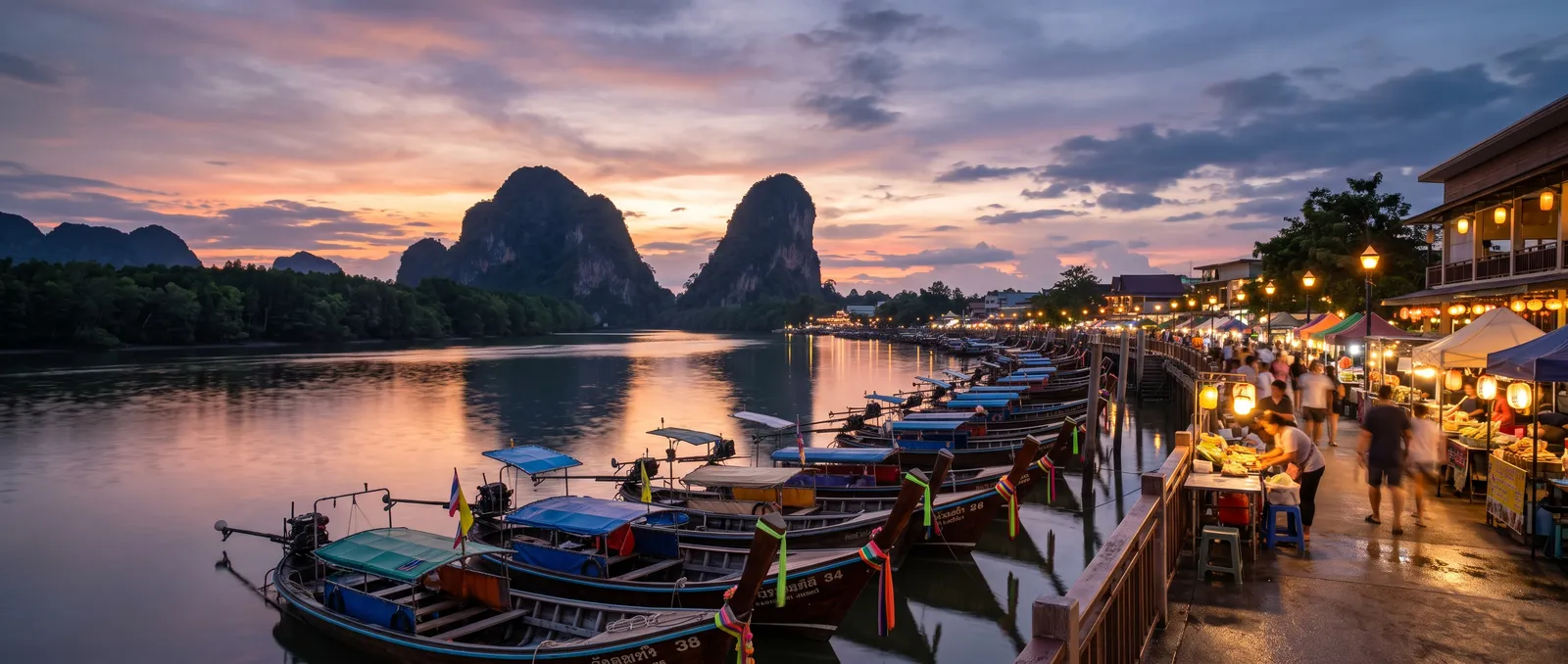 Krabi Town riverfront at dusk with longtail boats and the Khao Khanab Nam twin peaks