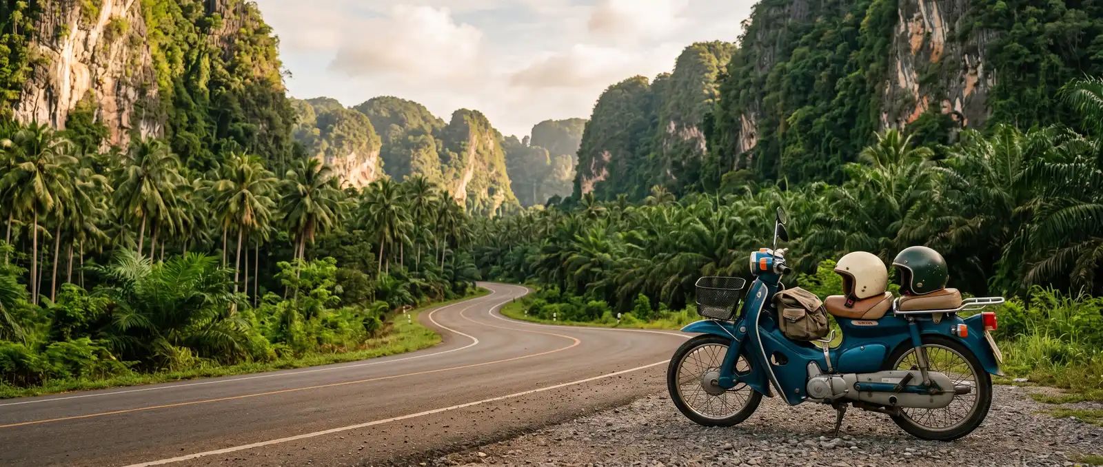 Scooter parked on a quiet road between limestone cliffs near Krabi