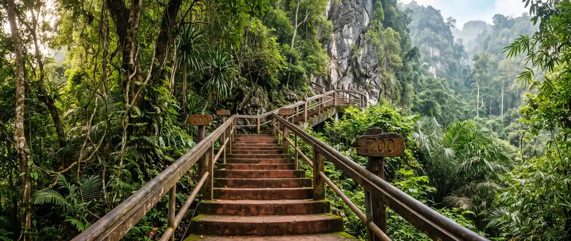 Steep staircase climbing through jungle at the Tiger Cave Temple in Krabi